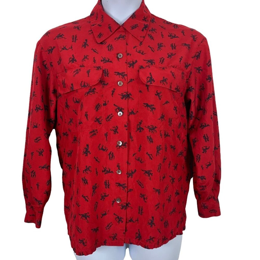 Vintage Silk Blouse Dana Buchman Size 6 Button Front Red Black Novelty Print